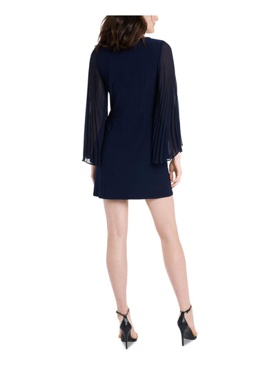 MSK Womens Navy Stretch Pleated Sheer Long Sleeve Round Neck Mini Cocktail Sheath Dress Petites PL