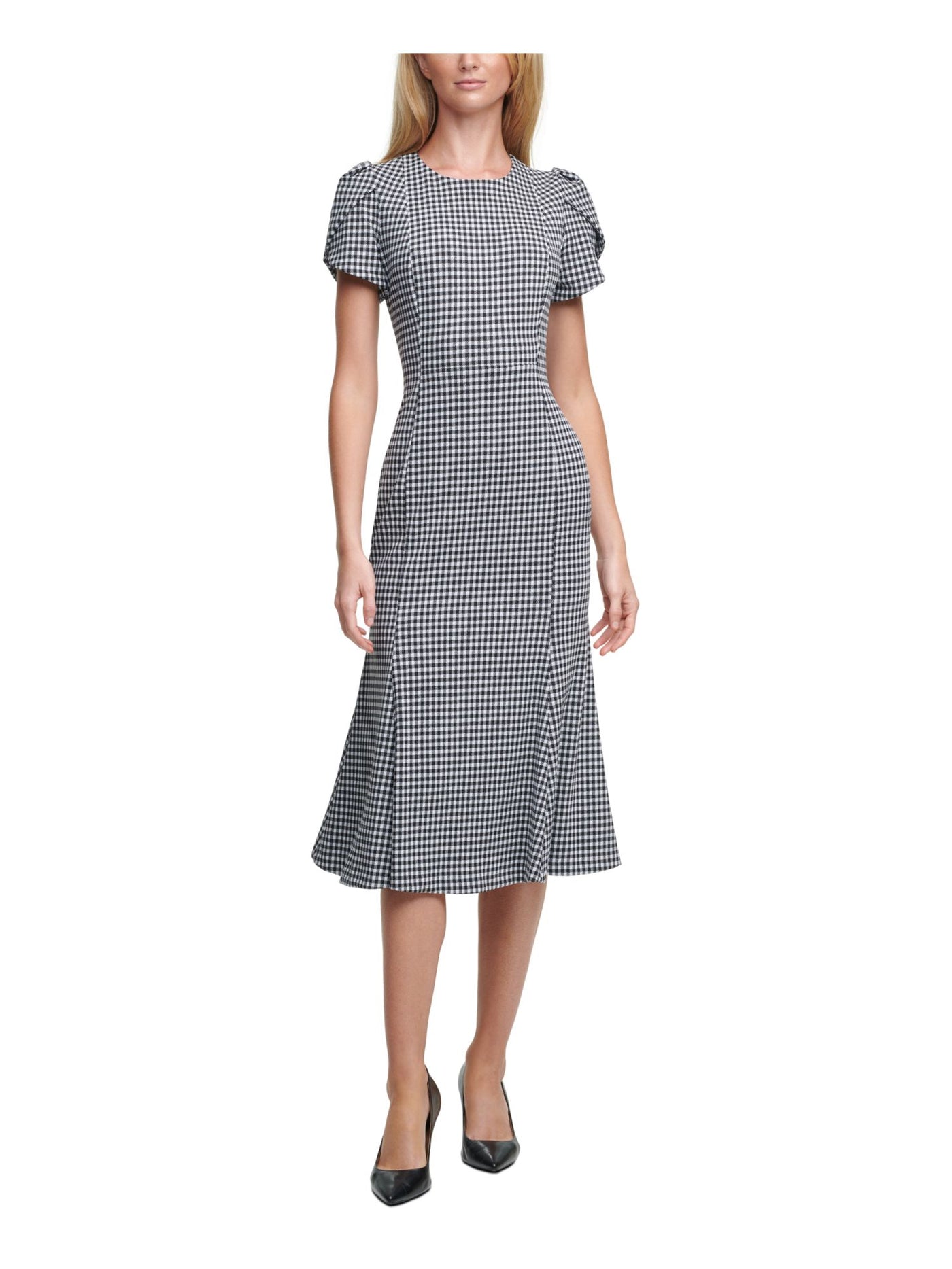 CALVIN KLEIN Womens Black Check Short Sleeve Crew Neck Above The Knee Wear To Work Sheath Dress 6