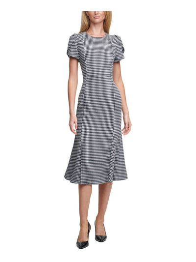 CALVIN KLEIN Womens Black Check Short Sleeve Crew Neck Above The Knee Wear To Work Sheath Dress 6