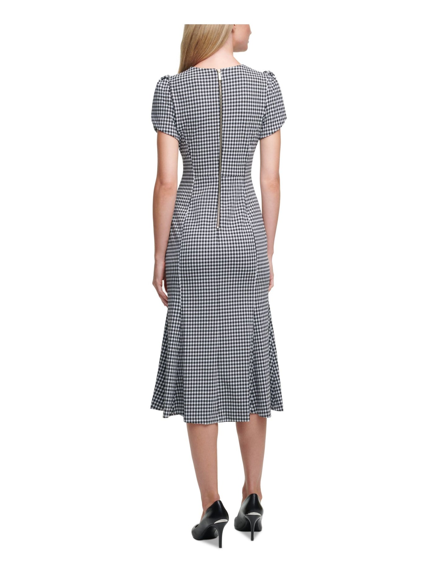 CALVIN KLEIN Womens Black Check Short Sleeve Crew Neck Above The Knee Wear To Work Sheath Dress 6