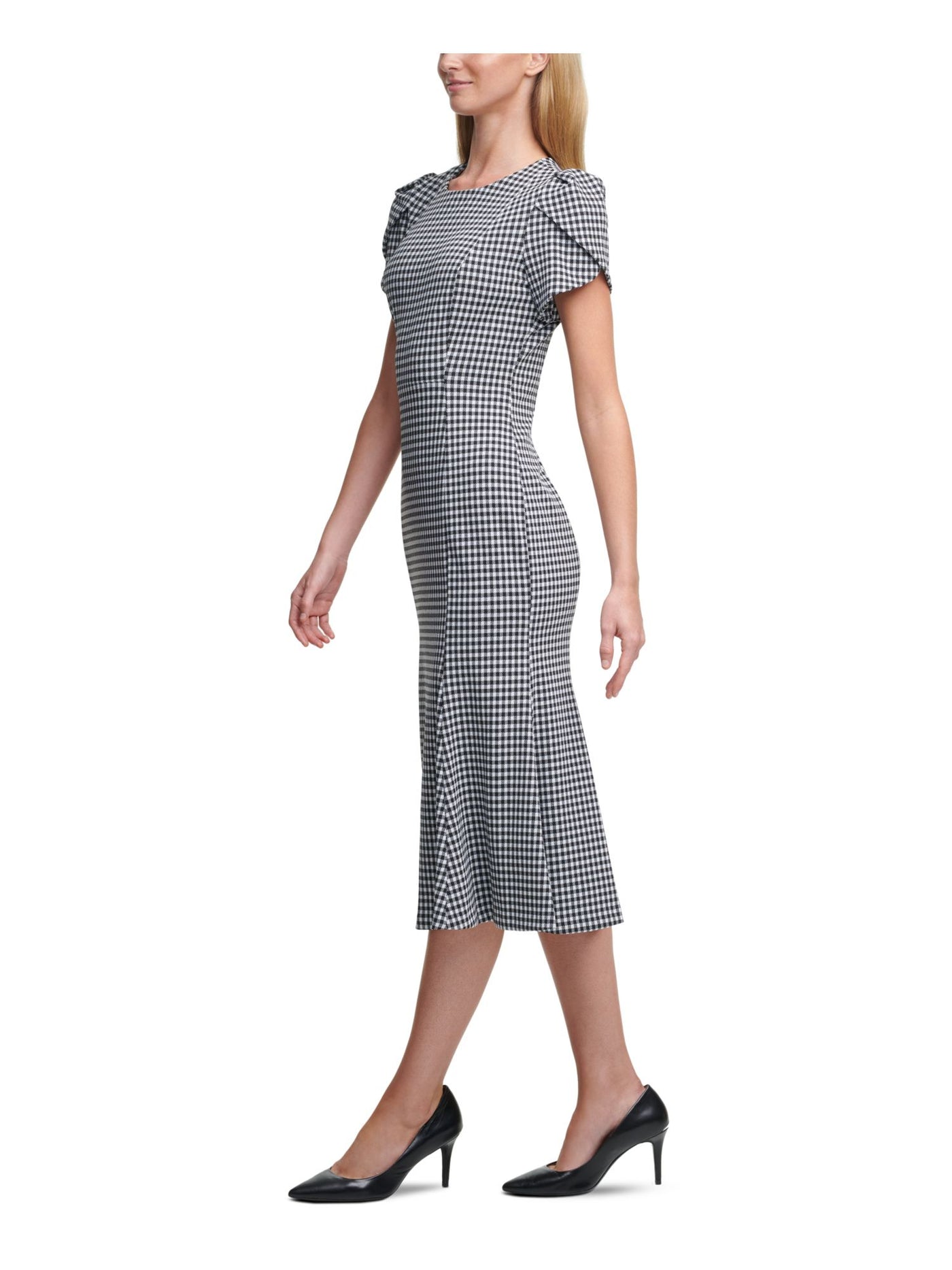 CALVIN KLEIN Womens Black Check Short Sleeve Crew Neck Above The Knee Wear To Work Sheath Dress 6