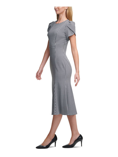 CALVIN KLEIN Womens Black Check Short Sleeve Crew Neck Above The Knee Wear To Work Sheath Dress 6