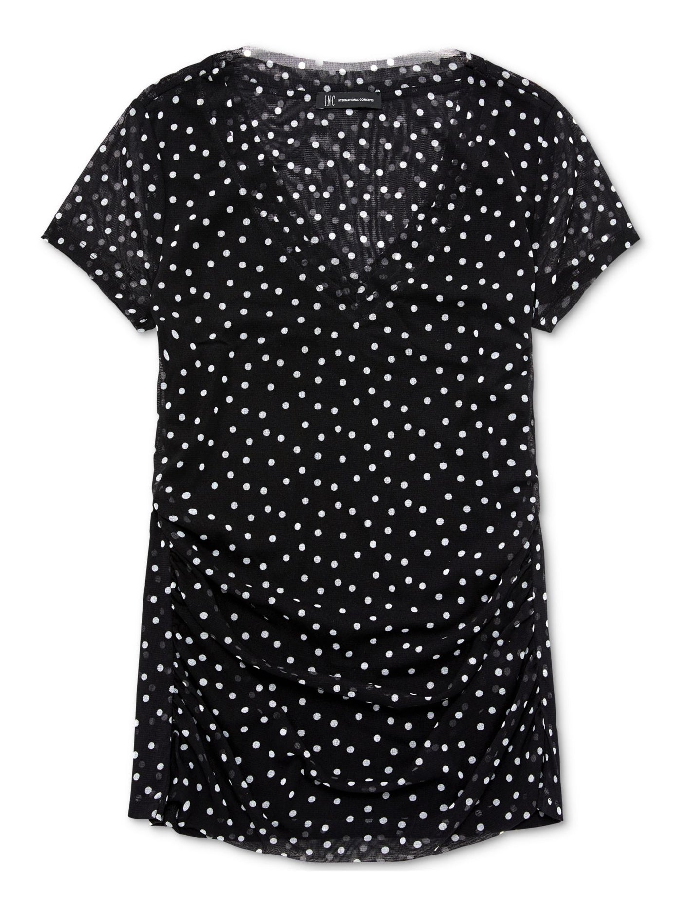 INC Womens Black Polka Dot Short Sleeve V Neck Top L