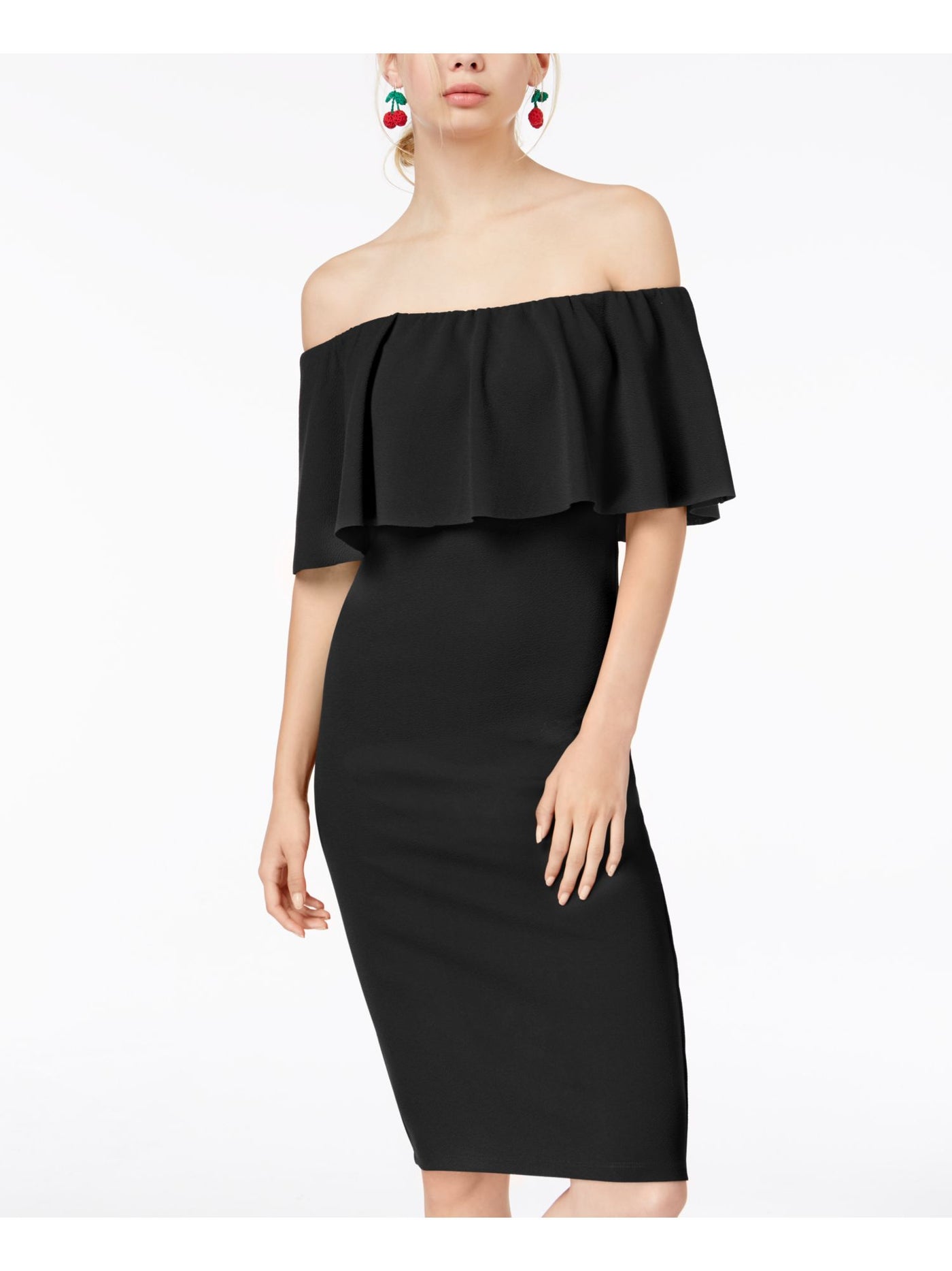 ALMOST FAMOUS Womens Black Stretch Ruffled Textured Short Sleeve Off Shoulder Knee Length Party Body Con Dress S