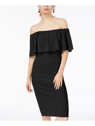ALMOST FAMOUS Womens Black Stretch Ruffled Textured Short Sleeve Off Shoulder Knee Length Party Body Con Dress S