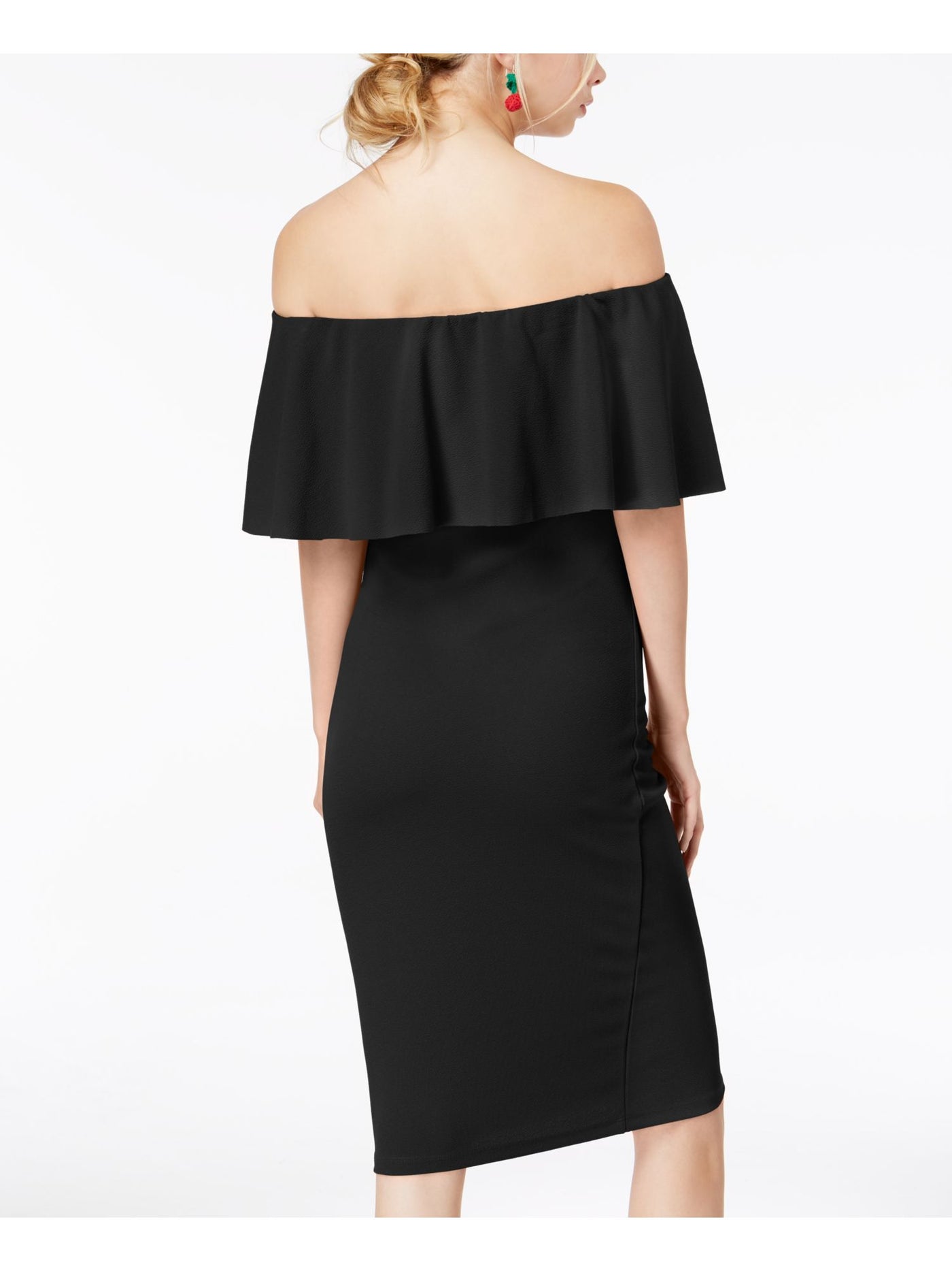 ALMOST FAMOUS Womens Black Stretch Ruffled Textured Short Sleeve Off Shoulder Knee Length Party Body Con Dress S