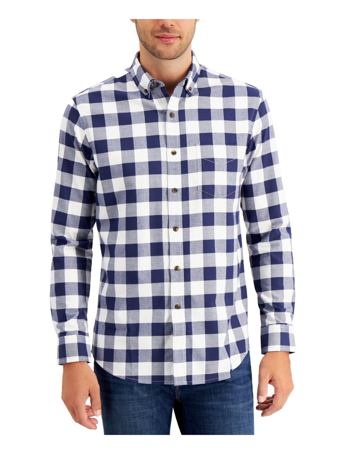 CLUBROOM Mens Blue Tartan Plaid Long Sleeve Classic Fit Button Down Cotton Casual Shirt S