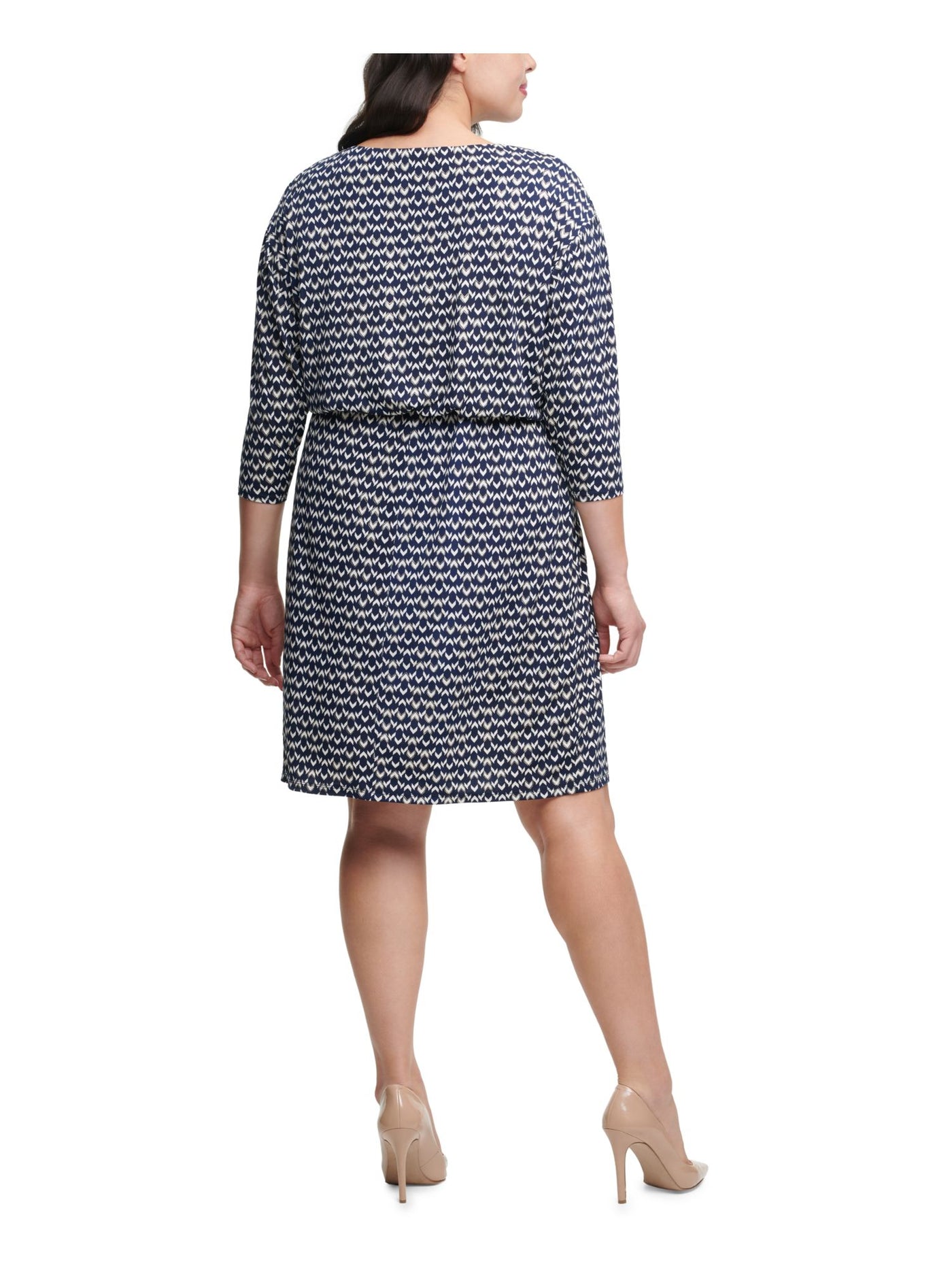 JESSICA HOWARD Womens Navy Stretch Printed Kimono Sleeve Round Neck Above The Knee Wear To Work Sheath Dress Plus S