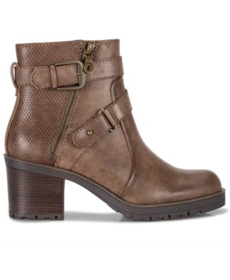 BARETRAPS Womens Brown Asymmetrical Straps Buckle Accent Lug Sole Towanda Round Toe Block Heel Zip-Up Booties M