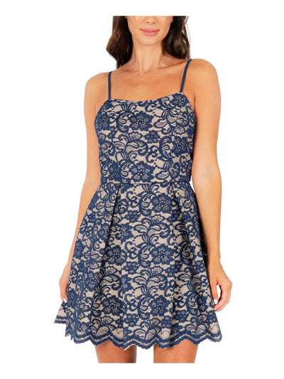SPEECHLESS Womens Blue Lace Spaghetti Strap Scoop Neck Mini Party Fit + Flare Dress Juniors 1