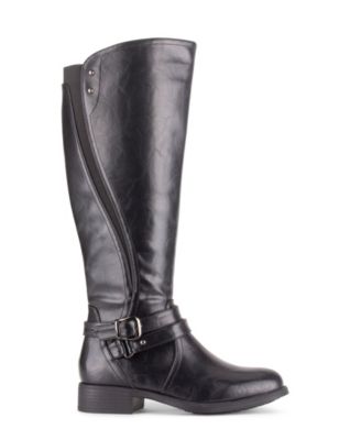 WANTED Womens Black Double Buckle Strap Stretch Bergen Round Toe Block Heel Zip-Up Riding Boot Medium