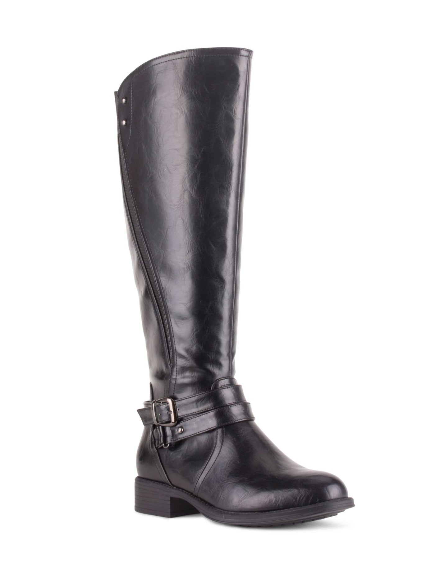 WANTED Womens Black Double Buckle Strap Stretch Bergen Round Toe Block Heel Zip-Up Riding Boot 8.5 M