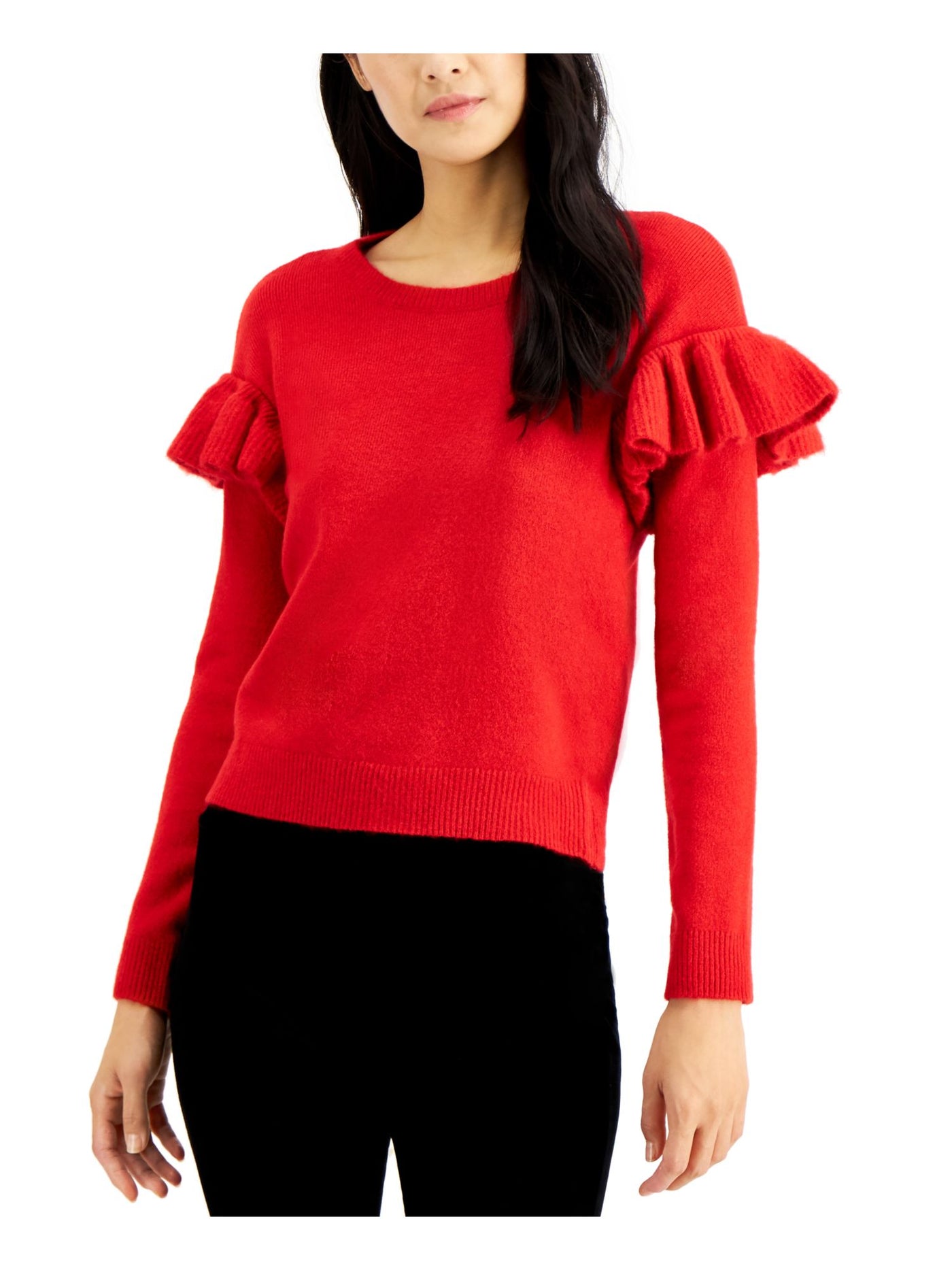 INC Womens Ruffled Long Sleeve Crew Neck Sweater