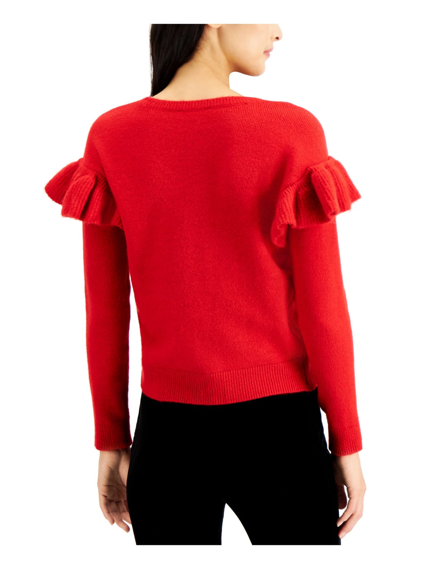 INC Womens Red Ruffled Long Sleeve Crew Neck Sweater L