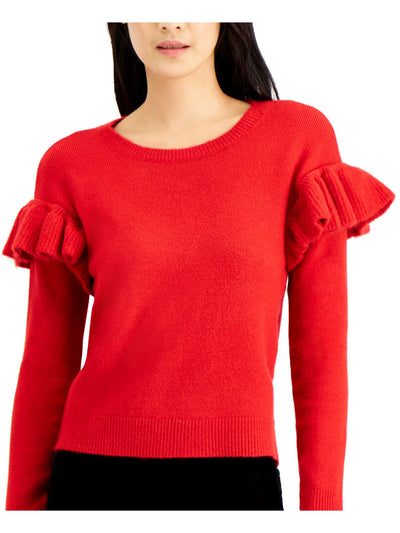 INC Womens Red Ruffled Long Sleeve Crew Neck Sweater Size: XS