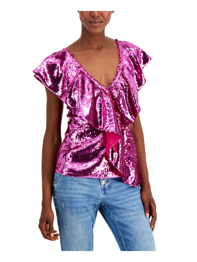 INC Womens Pink Sequined Flutter V Neck Party Top M