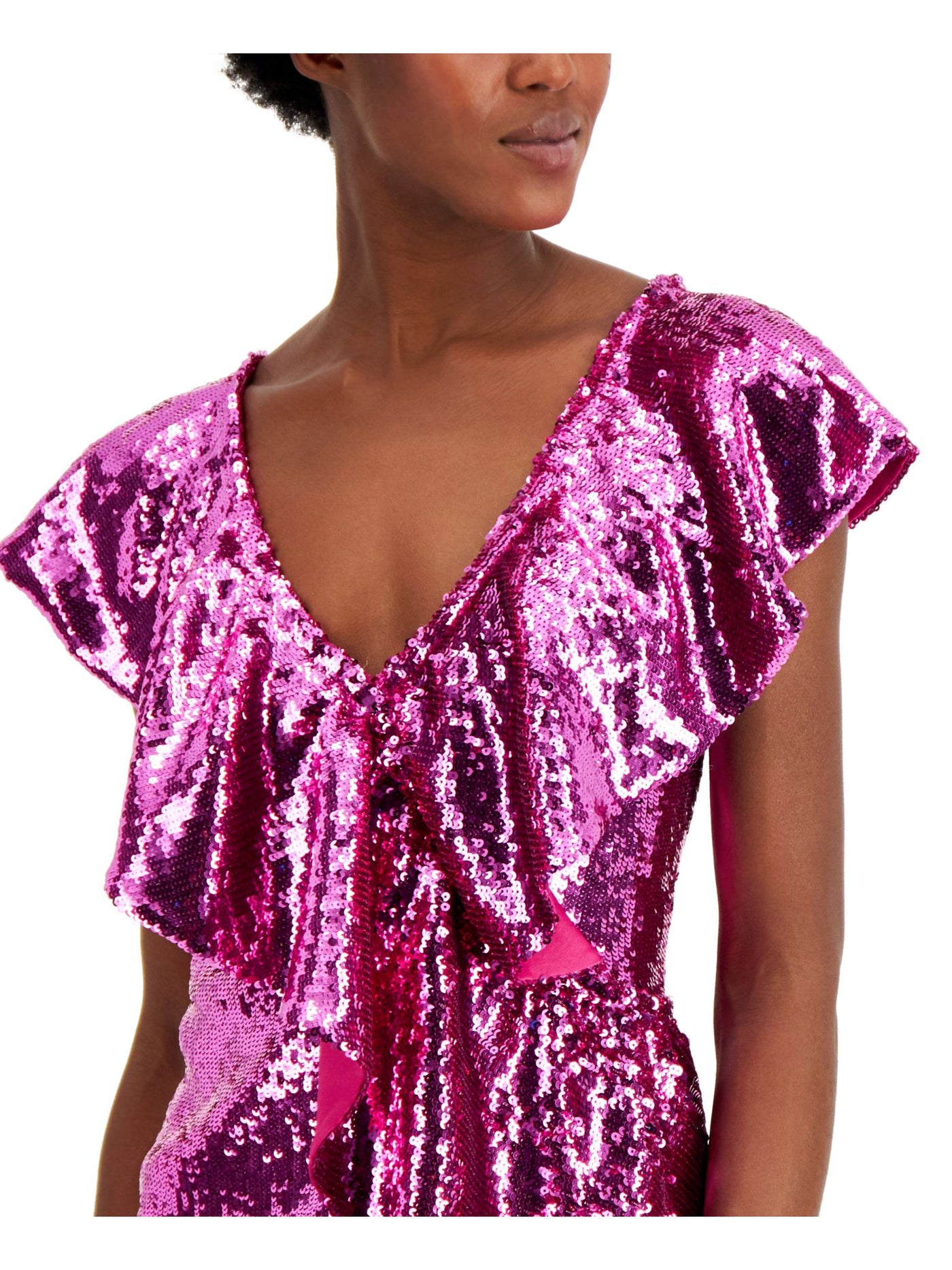 INC Womens Pink Sequined Flutter V Neck Party Top S