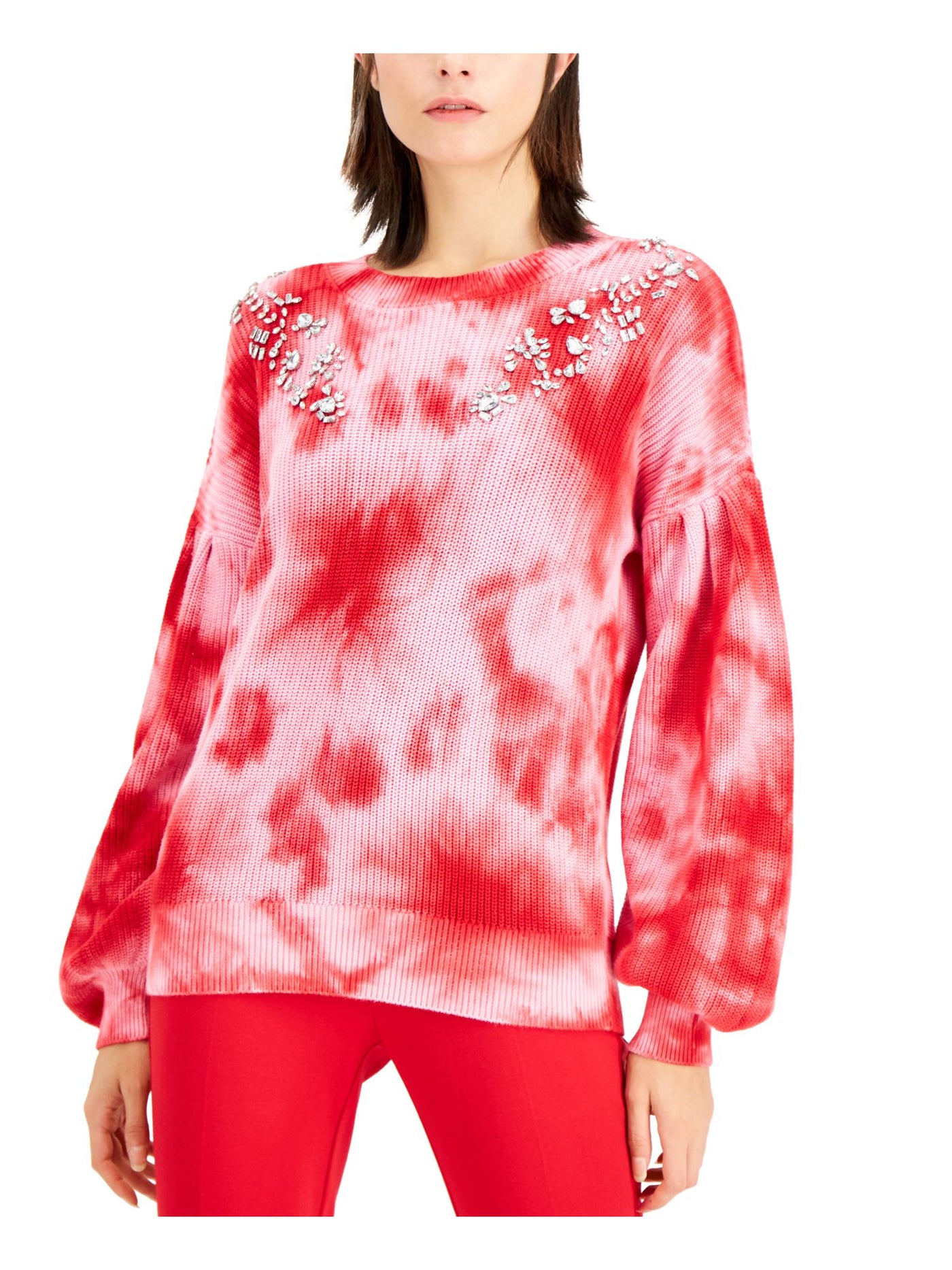 INC Womens Red Tie Dye Long Sleeve Jewel Neck Sweater Petites PL