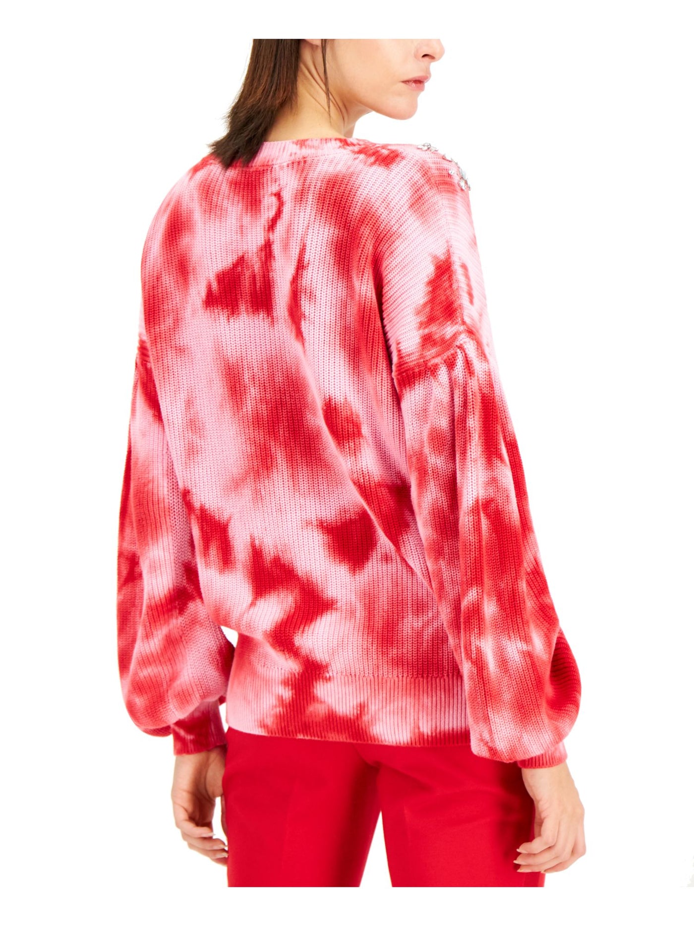 INC Womens Red Tie Dye Long Sleeve Jewel Neck Sweater L