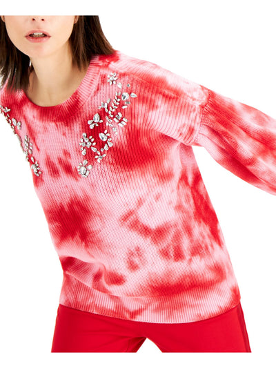 INC Womens Red Tie Dye Long Sleeve Jewel Neck Sweater Petites PL