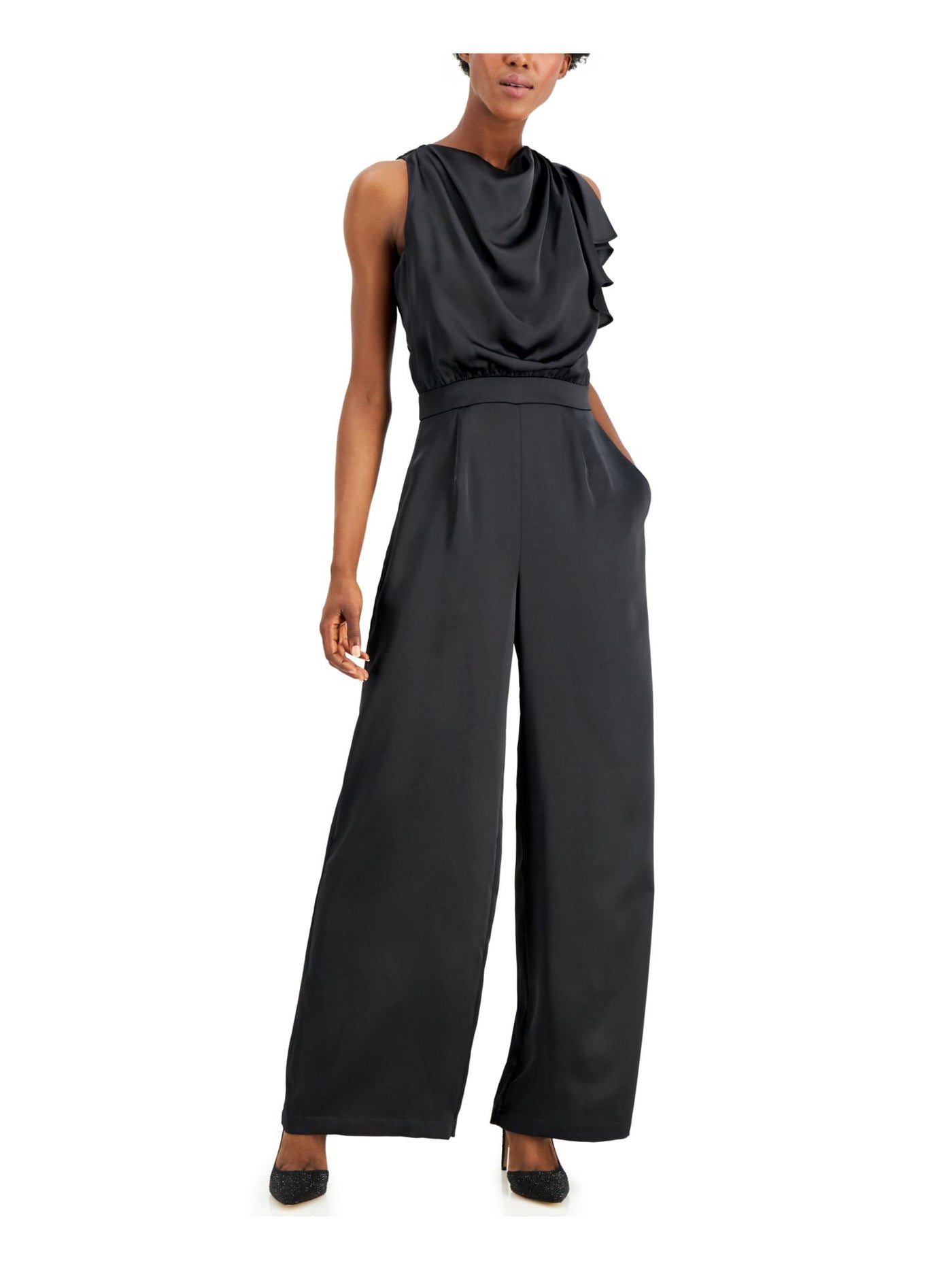 INC Womens Black Ruffled Zippered Satin Sleeveless Cowl Neck Party Wide Leg Jumpsuit 2