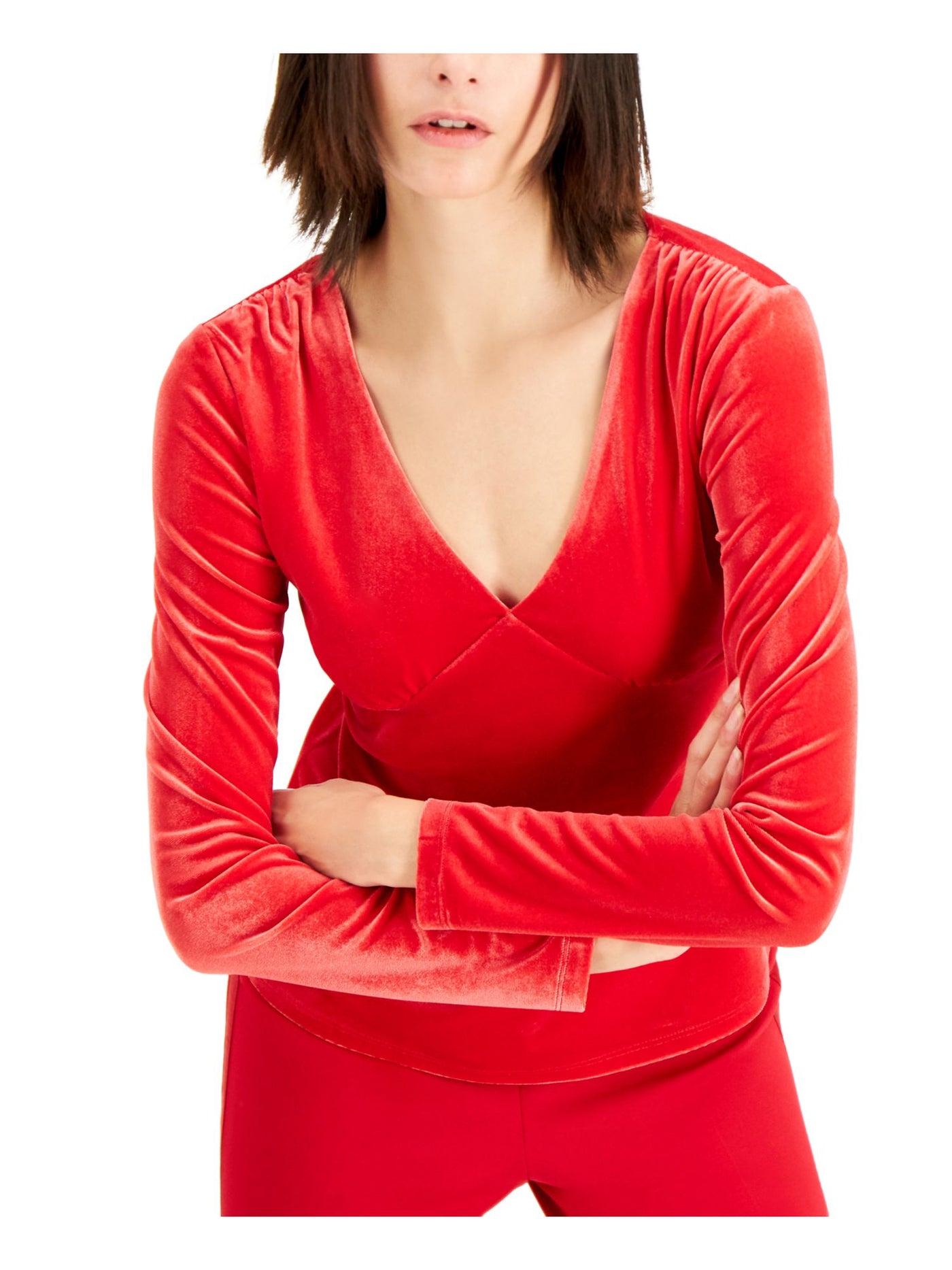 INC Womens Red Long Sleeve V Neck Top XS