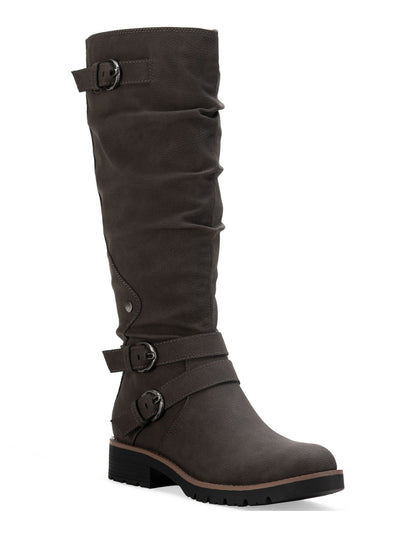 SUN STONE Womens Gray Lug Sole Ruched Buckle Accent Stretch Brinley Round Toe Block Heel Zip-Up Riding Boot 5.5 M