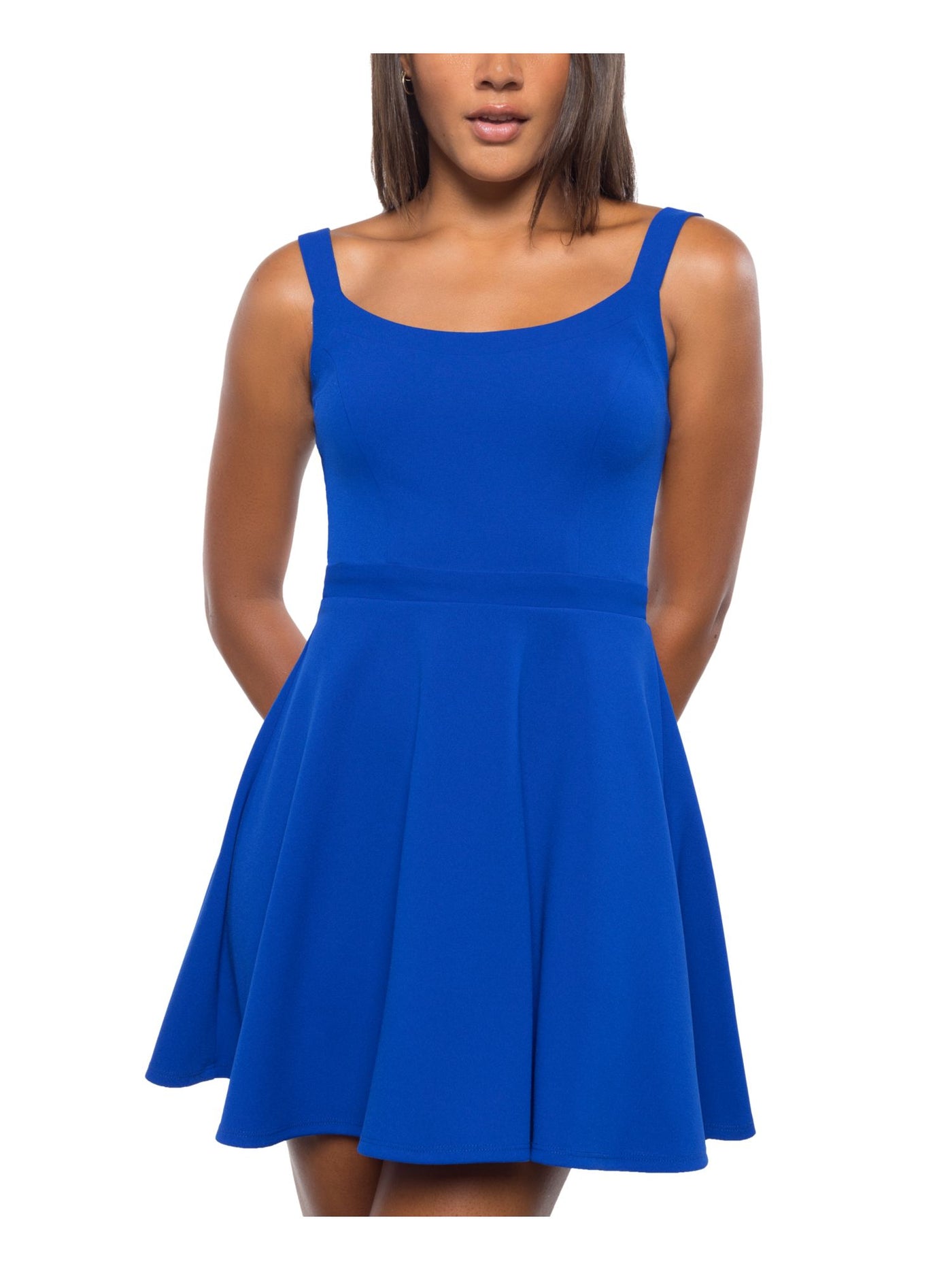 B DARLIN Womens Blue Pleated Semi Open Back Sleeveless Scoop Neck Above The Knee Party A-Line Dress 11\12