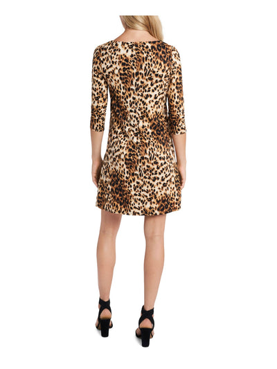 MSK Womens Brown Stretch Animal Print 3/4 Sleeve Jewel Neck Mini Evening Sheath Dress S