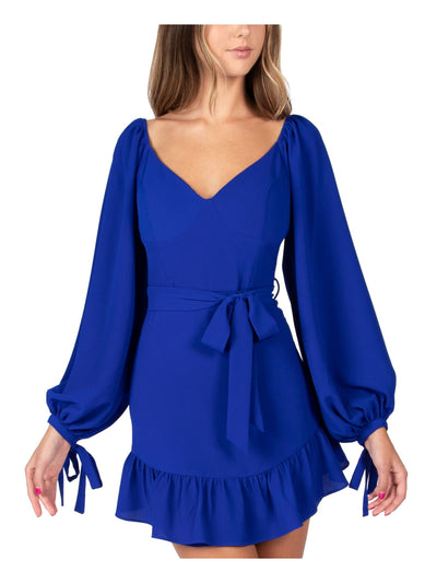 B DARLIN Womens Blue Zippered Ruffled Long Sleeve V Neck Mini Party Fit + Flare Dress 9\10