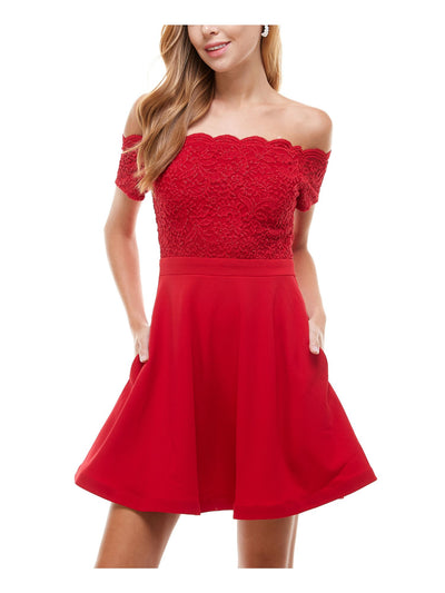 CITY STUDIO Womens Red Glitter Lace Scalloped Lace-up Short Sleeve Off Shoulder Short Party Fit + Flare Dress 7