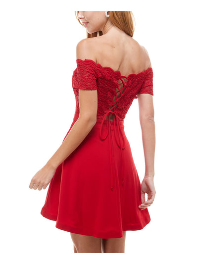 CITY STUDIO Womens Red Glitter Lace Scalloped Lace-up Short Sleeve Off Shoulder Short Party Fit + Flare Dress 3