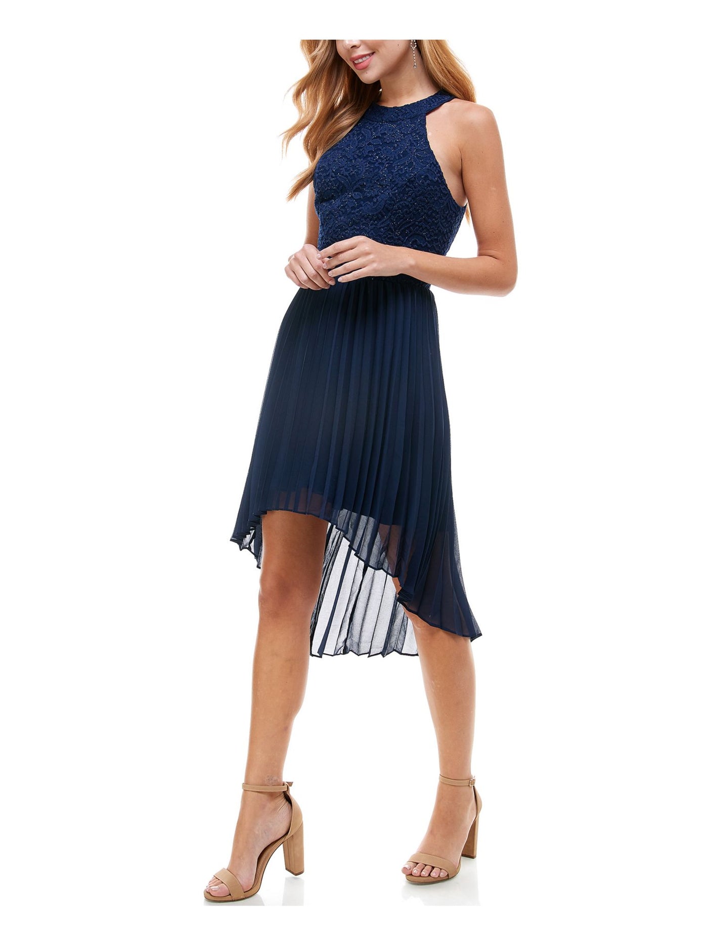 CITY STUDIO Womens Navy Pleated Zippered Glitter Sleeveless Halter Party Hi-Lo Dress 3