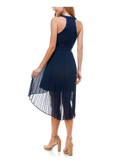 CITY STUDIO Womens Navy Pleated Zippered Glitter Sleeveless Halter Party Hi-Lo Dress 3