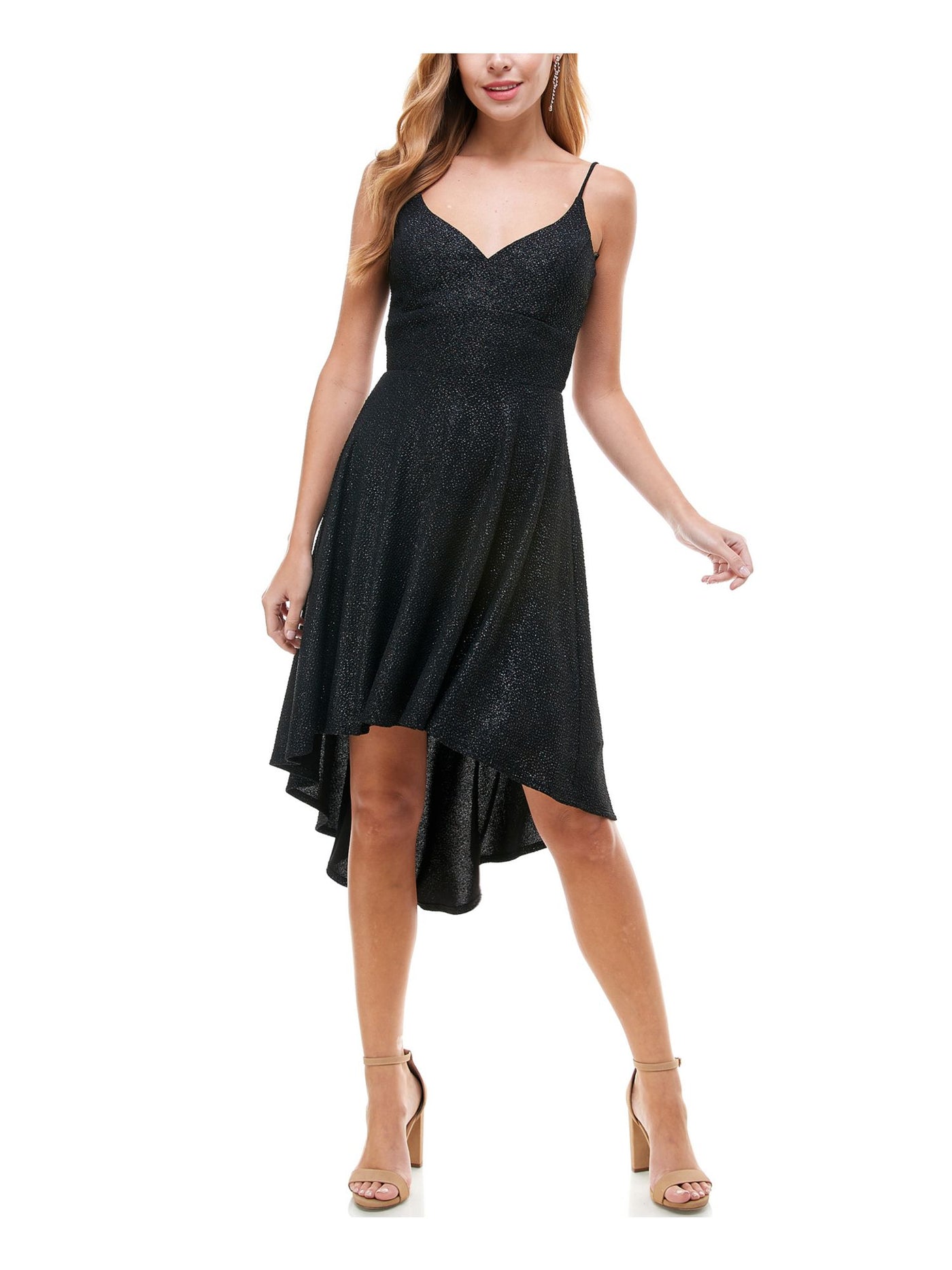 CITY STUDIO Womens Cut Out Glitter Zippered Spaghetti Strap V Neck Short Party Hi-Lo Dress