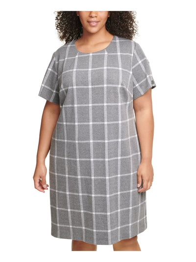 TOMMY HILFIGER Womens Gray Plaid Short Sleeve Jewel Neck Knee Length Shift Dress Plus 16W