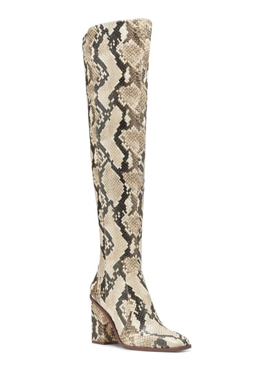 VINCE CAMUTO Womens Beige Snake Print Wrapped Heel Cushioned Dreven Square Toe Block Heel Zip-Up Heeled Boots 6 M