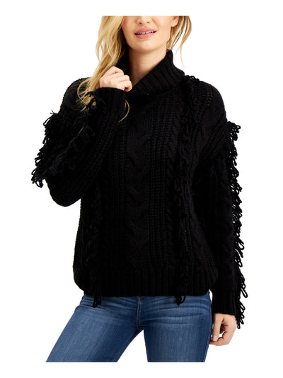 wynter Womens Black Fringed Drop Shoulder Long Sleeve Cowl Neck Sweater XS