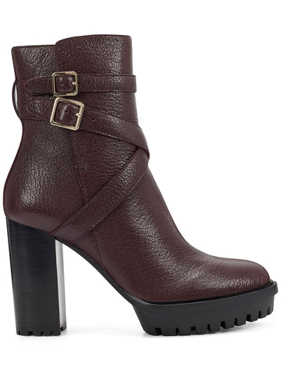 VINCE CAMUTO Womens Burgundy Scale Print Strap Details Comfort Lug Sole 1/2" Platform Buckle Accent Padded Elisen Round Toe Block Heel Zip-Up Leather Booties 7.5 M