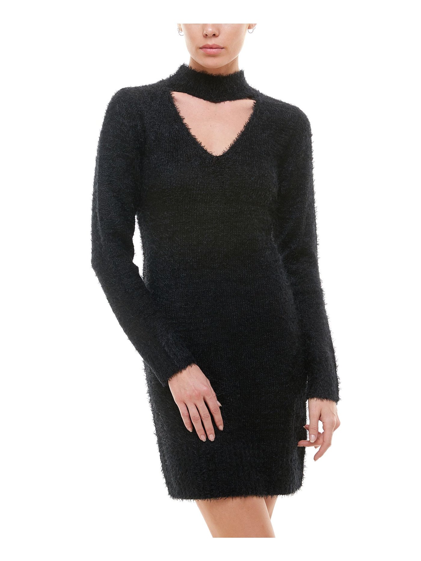 PLANET GOLD Womens Black Cut Out Sweater Long Sleeve Keyhole Short Sheath Dress S