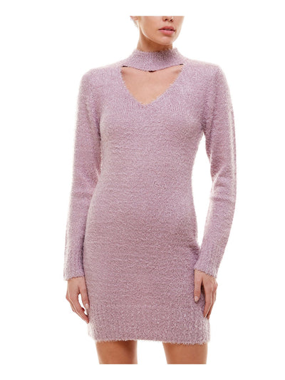 PLANET GOLD Womens Purple Cut Out Eyelash Long Sleeve Keyhole Short Sheath Dress L