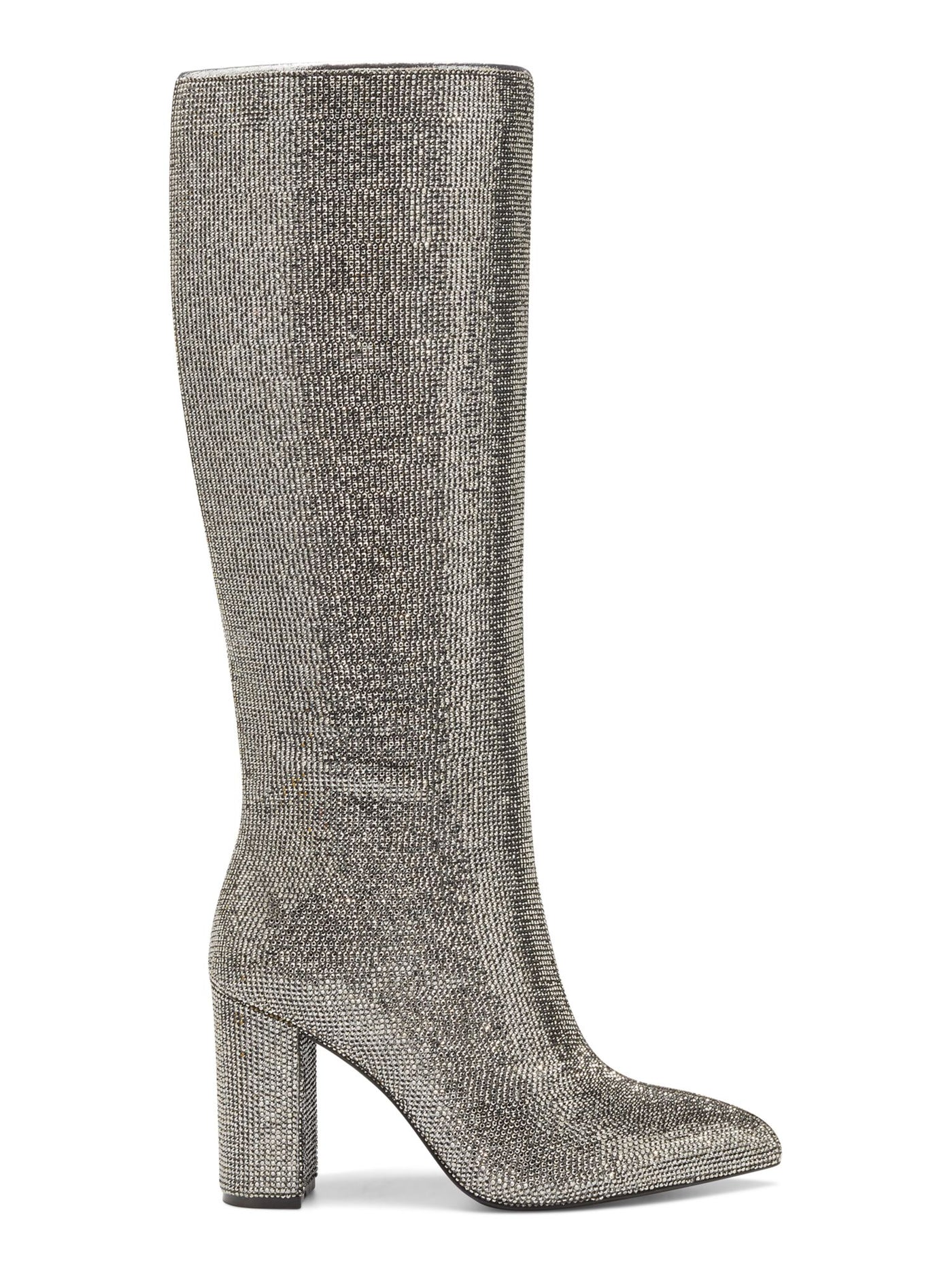 INC Womens Gray Rhinestone Pointed Toe Block Heel Zip-Up Heeled Boots 10.5