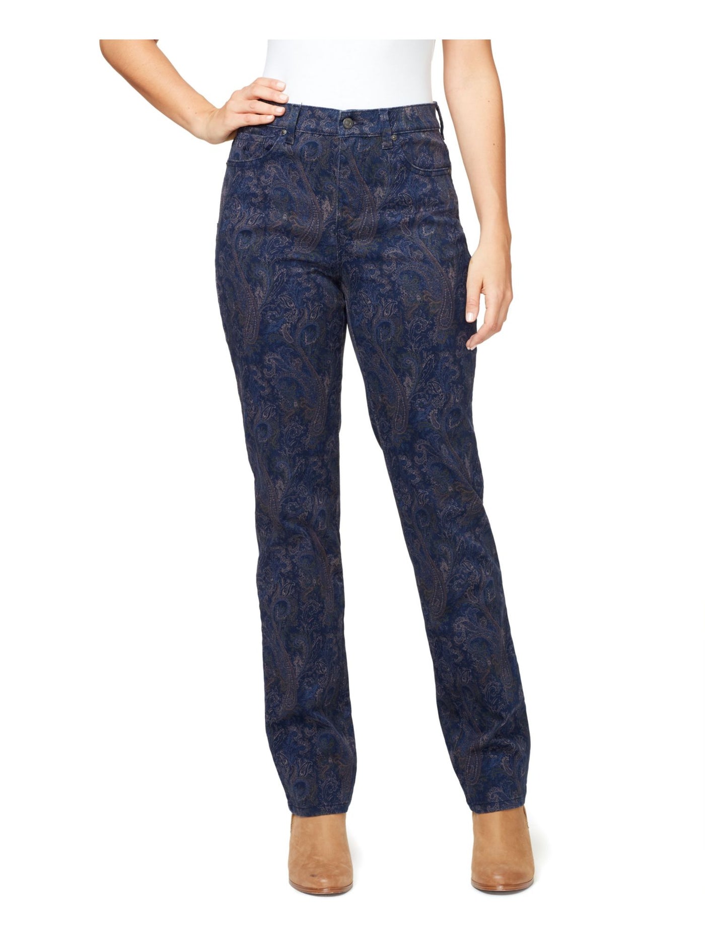 GLORIA VANDERBILT Womens Blue Zippered Pocketed Belt Loop Printed Straight leg Jeans 16