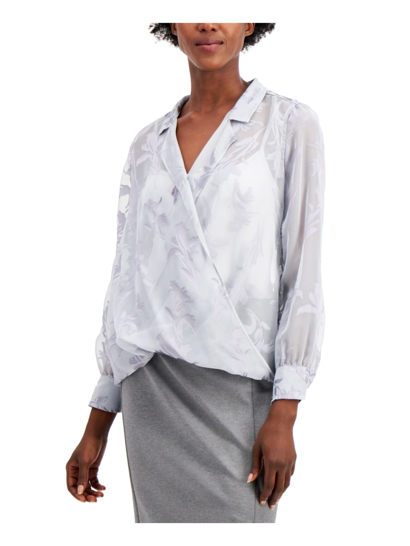 ALFANI Womens Gray Faux-wrap Burnout-detail Floral Long Sleeve V Neck Wear To Work Blouse S