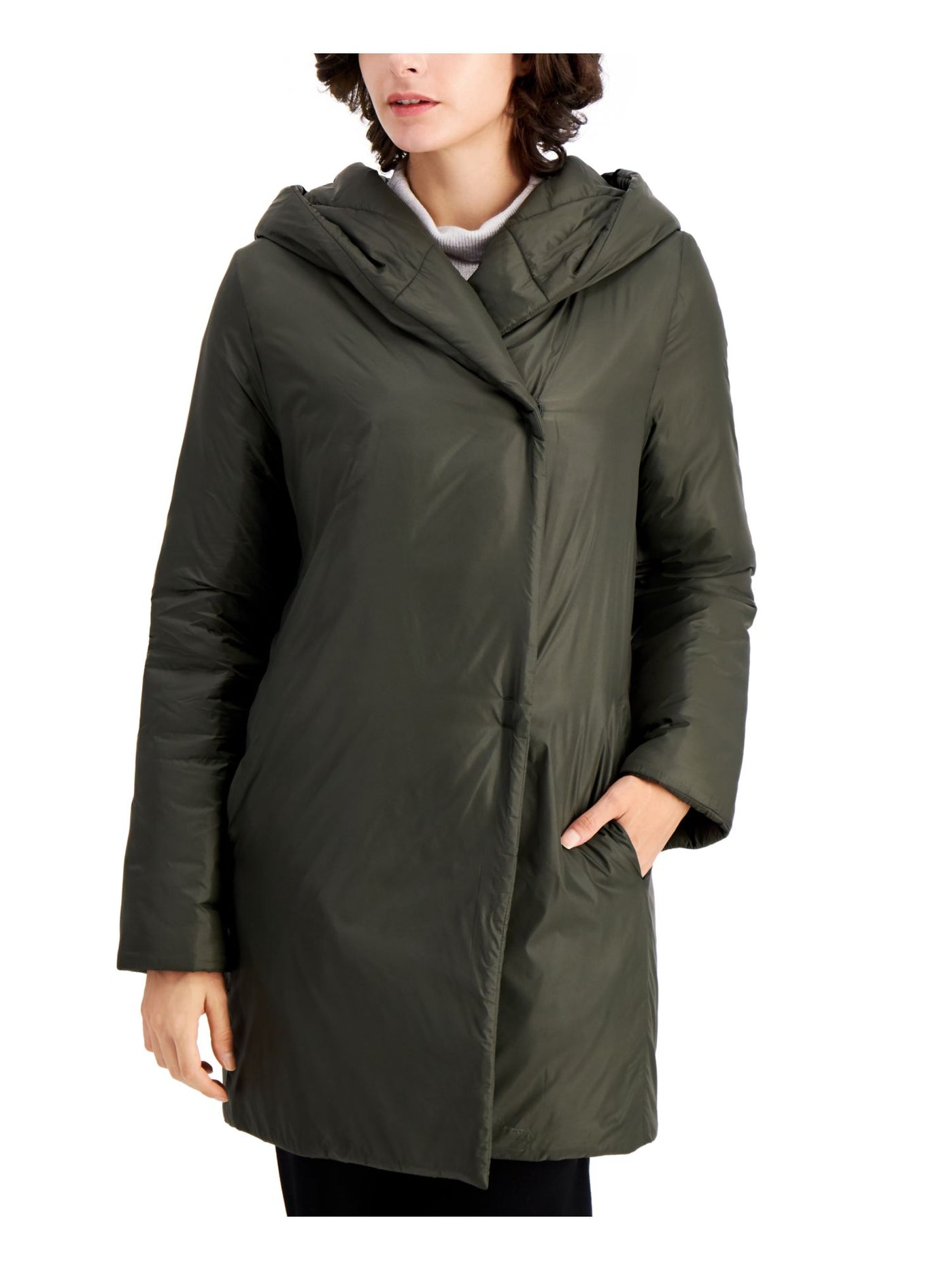 EILEEN FISHER Womens Green Pocketed Shawl-collar Quilted Winter Jacket Coat M