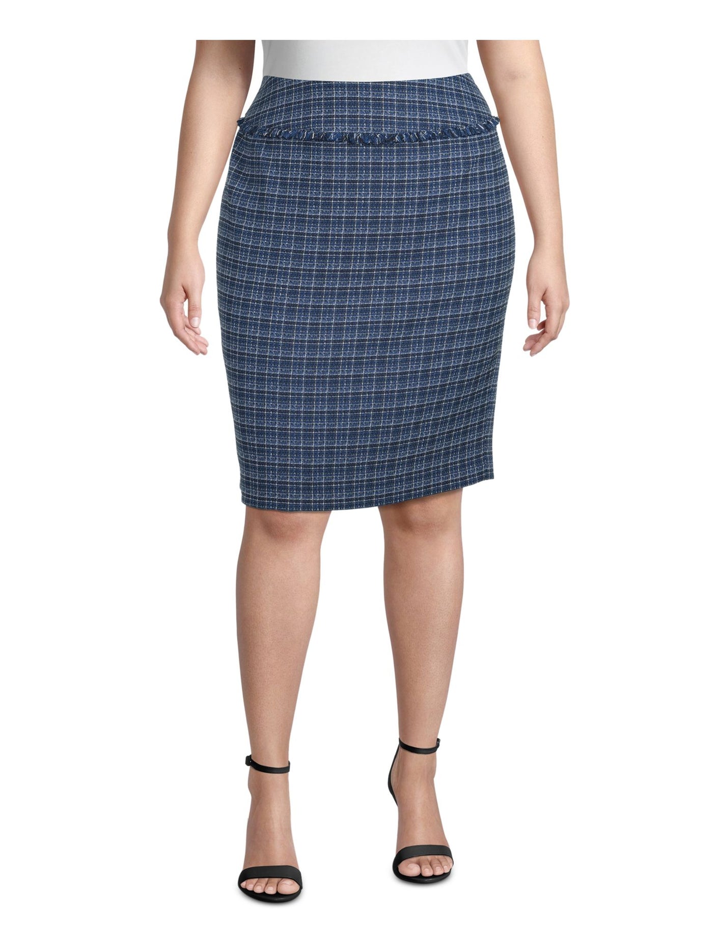 KASPER Womens Blue Fringed Zippered Tweed Plaid Knee Length Wear To Work Pencil Skirt Plus 14W