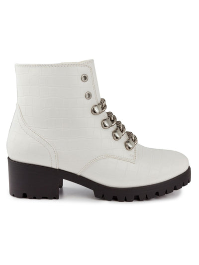 SUGAR Womens White Lug Sole Obvi Round Toe Block Heel Zip-Up Combat Boots 8 M