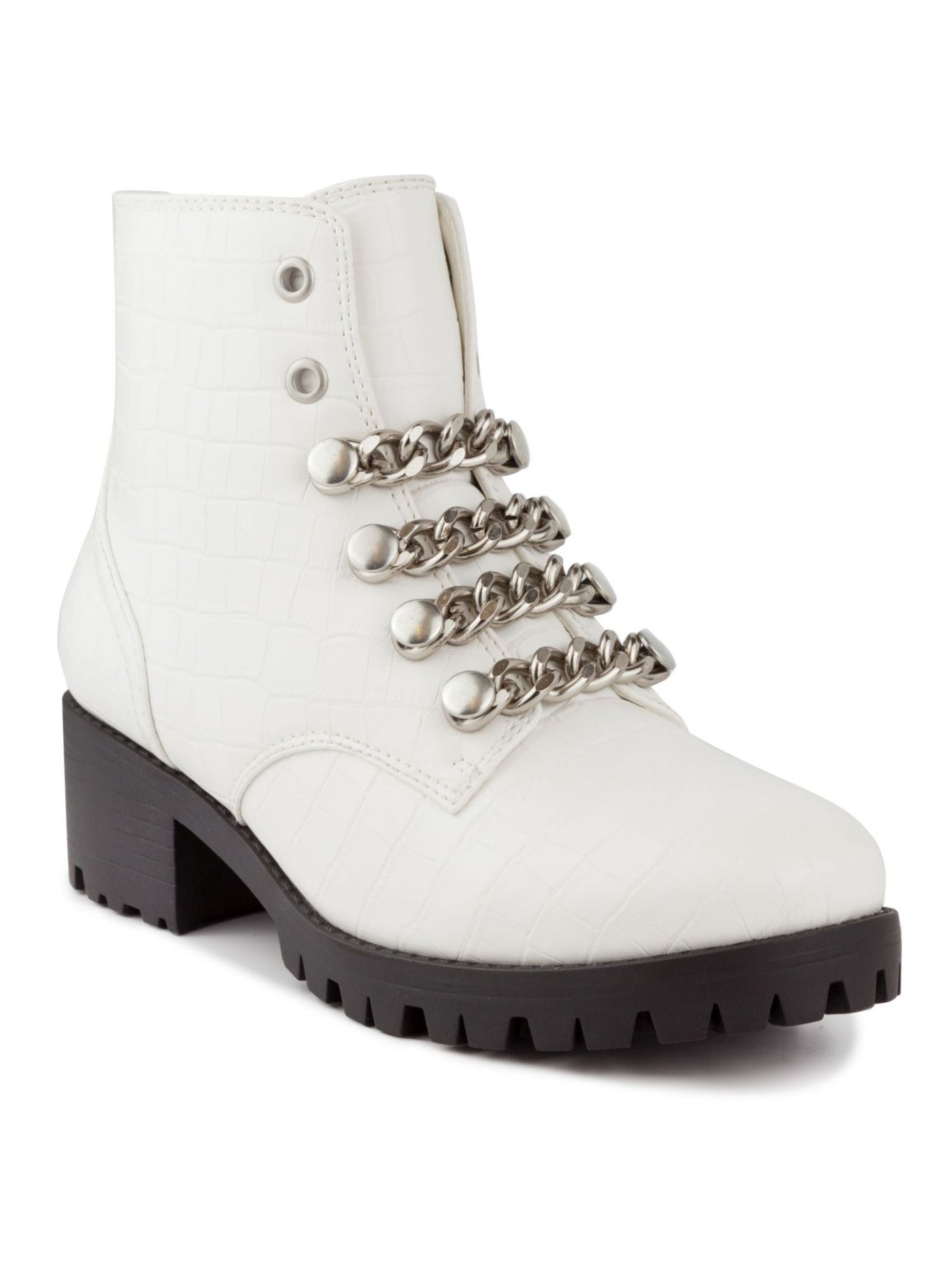 SUGAR Womens White Lug Sole Obvi Round Toe Block Heel Zip-Up Combat Boots 8 M