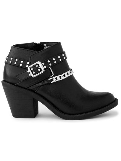 SUGAR Womens Black Chain And Strap Detailing Studded Buckle Accent Vroomy Almond Toe Block Heel Zip-Up Booties 8.5 M