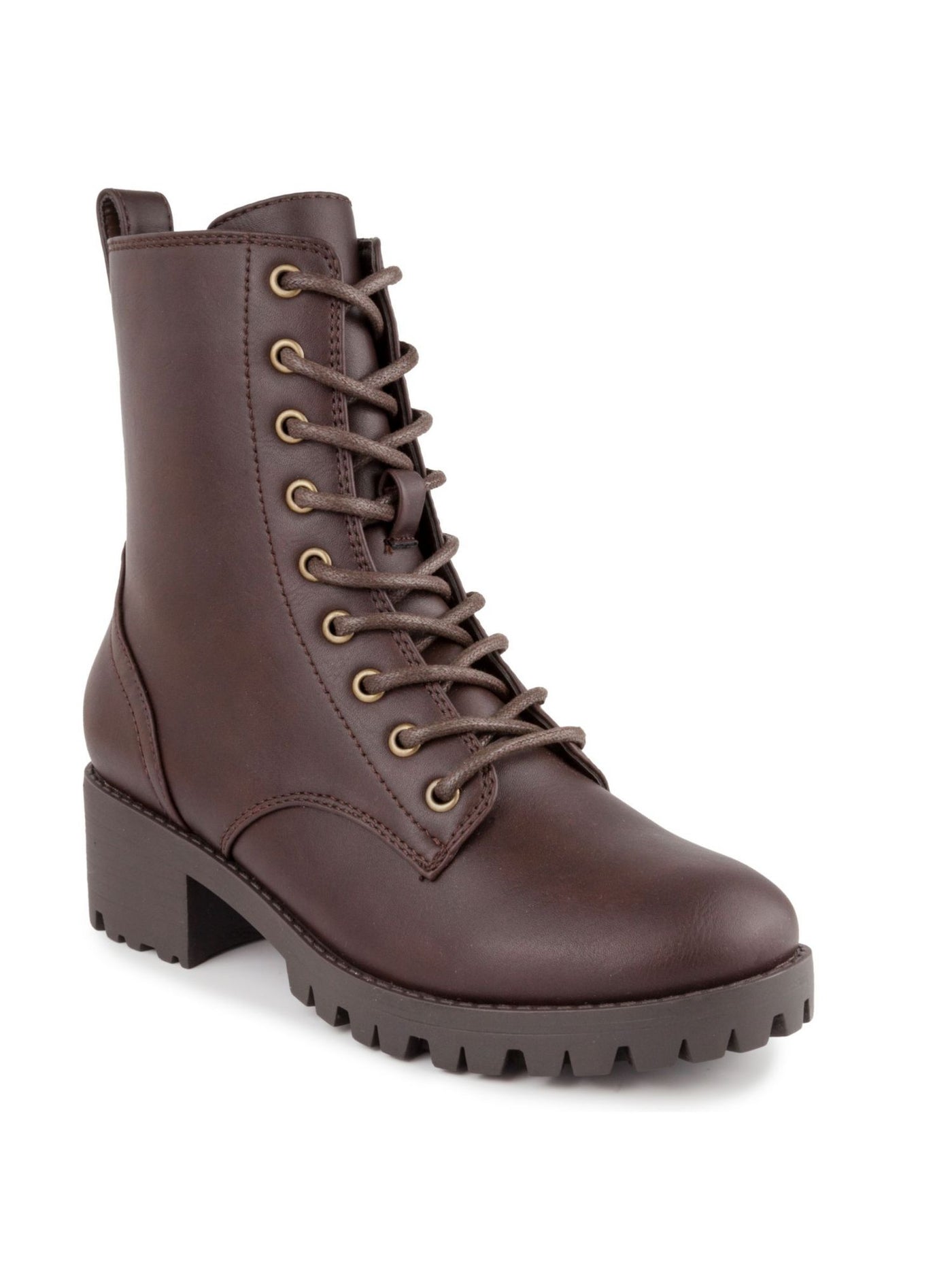 SUGAR Womens Dark Brown Lug Sole Cushioned Reggie Round Toe Block Heel Zip-Up Combat Boots 10 M